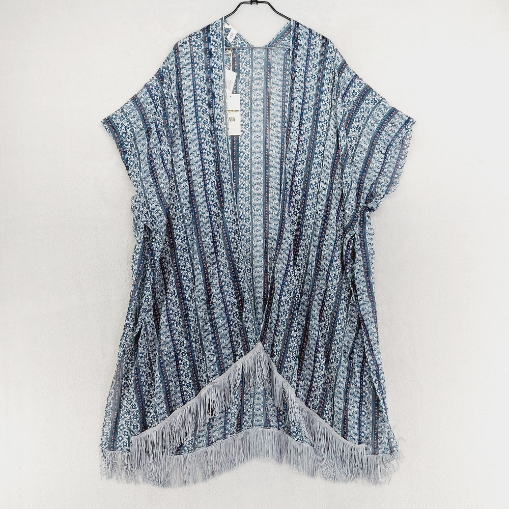 NEW Green Label Blue Fringe Summer Open Front Beach Cover P3598